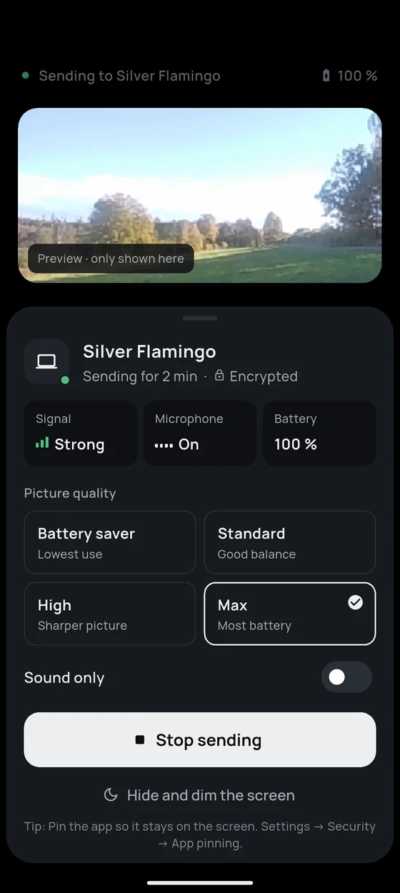 The phone that is sending, with preview, signal, microphone and picture quality.